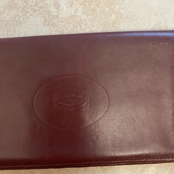Vintage Cartier Check Organizer Bi-Fold Wallet, Burgundy Leather - Picture 2 of 14